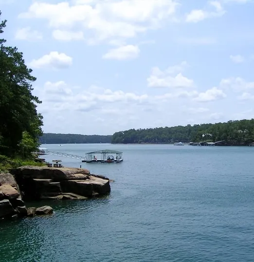 Rocky shoreline and boat dock on Smith Lake, Alabama